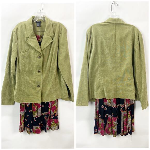 RQT Y2K 90s Vintage XL Womens Green Jacket Floral Print Skirt Set Pleated - Picture 1 of 7